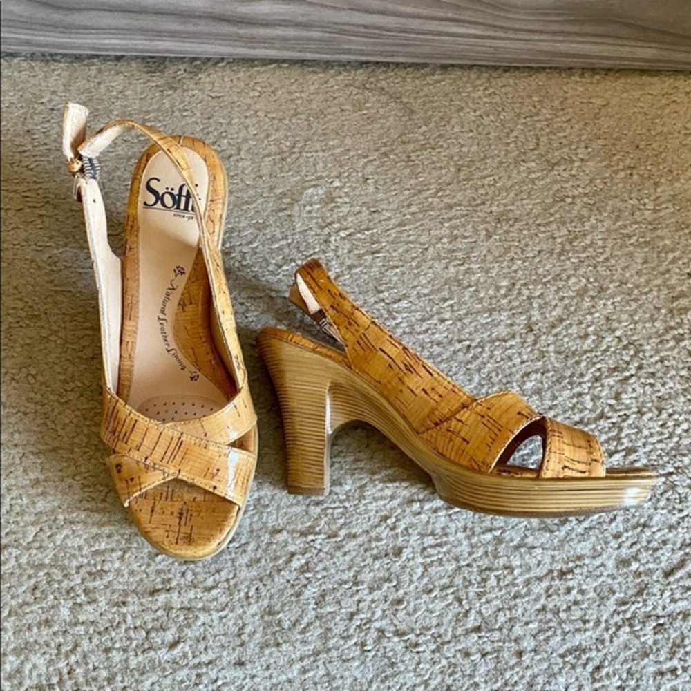 Sofft cork patent open toe sling backs